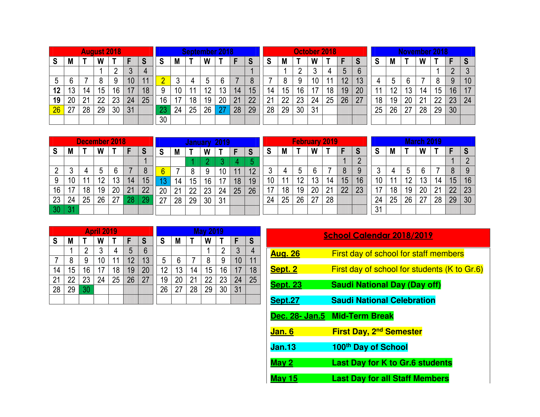 Yearly Calendar 2018 2019